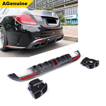 

Carbon fiber Babus LED car rear bumper lip diffuser with end pipes for Mercedes-Benz C class W205 Sports AMG