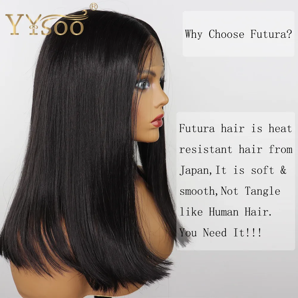 YYsoo Короткие 13x6 Futura термостойкие волокна волос Кружева передние парики Glueless черный прямой синтетический парик шнурка натуральный волос#2