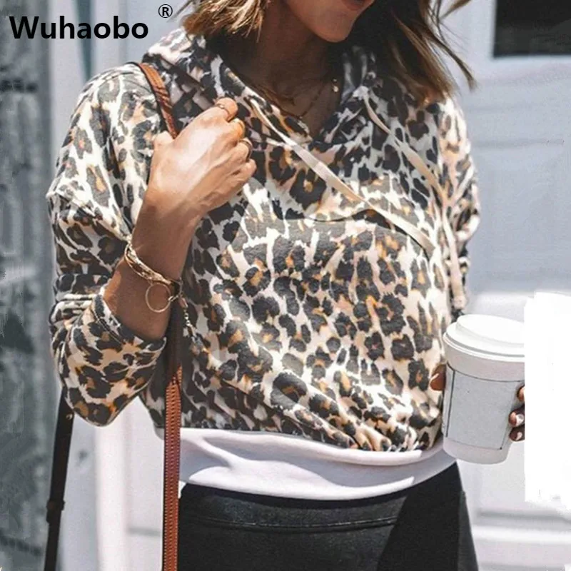 Wuhaobo 2019 новинка осень зима мода Леопардовый принт короткая Толстовка для женщин с длинным рукавом с капюшоном пуловеры повседневные