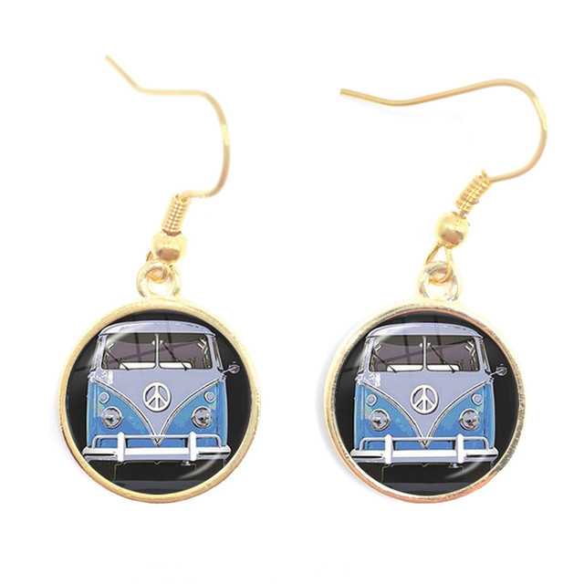 Blue-Red-Yellow Hippie Peace Van Bus Photo Drop Earrings Retro Beach Bus Car Collectors Bus Peace Sign Jewelry For Women