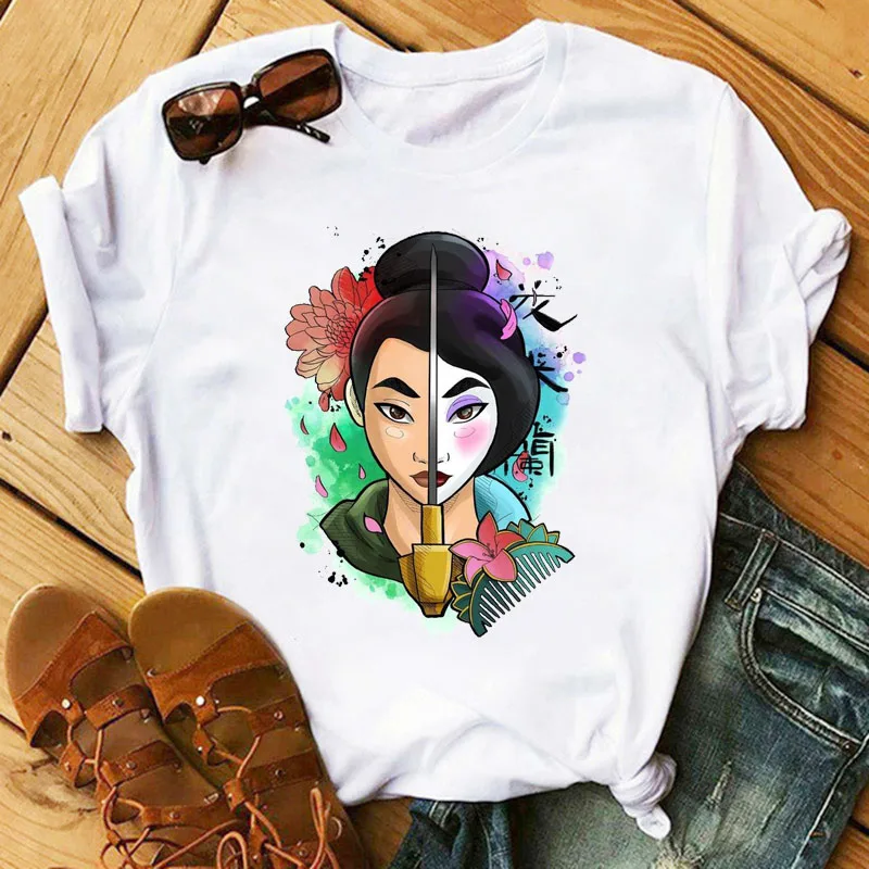 Camisetas de princesa Mulan para mujer, playera con estampado Harajuku Kawaii, ropa de calle, camiseta de talla grande de verano de dibujos animados