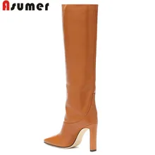 ASUMER/модные сапоги до колена размера плюс 34-43 осенне-зимние сапоги без застежки с квадратным носком Элегантные женские осенне-зимние сапоги для выпускного