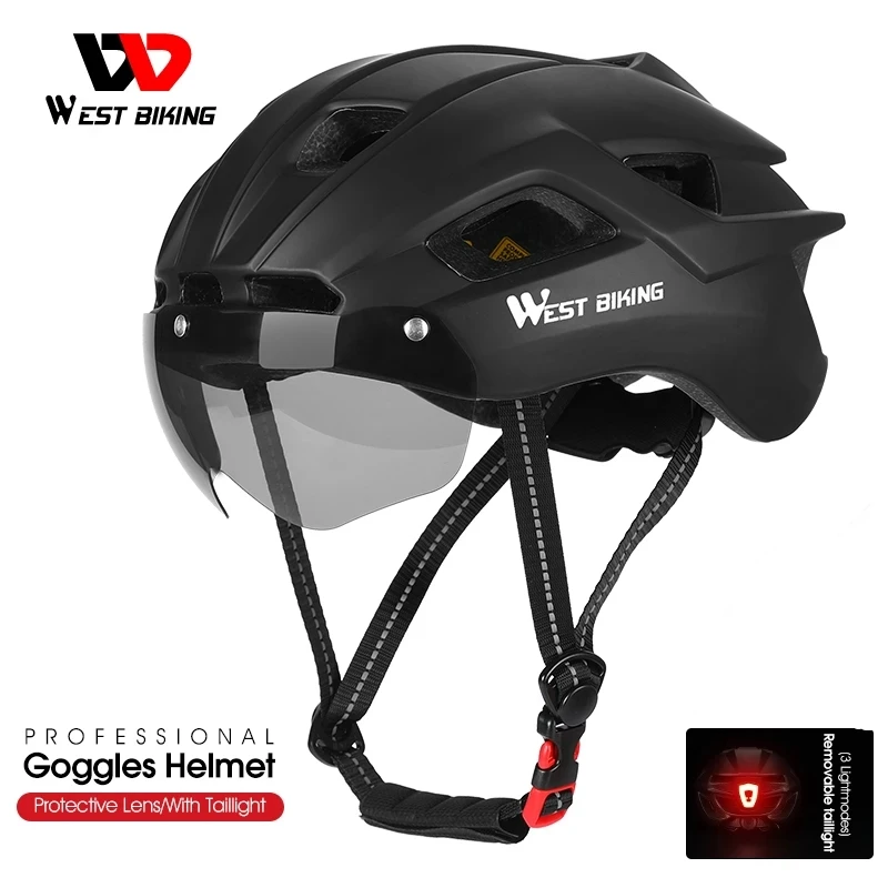 WEST BIKING Bicycle Helmet With Taillight Cycling Goggles Sun Visor Lens MTB Road Race Bike Sport Safety Cap | Спорт и развлечения