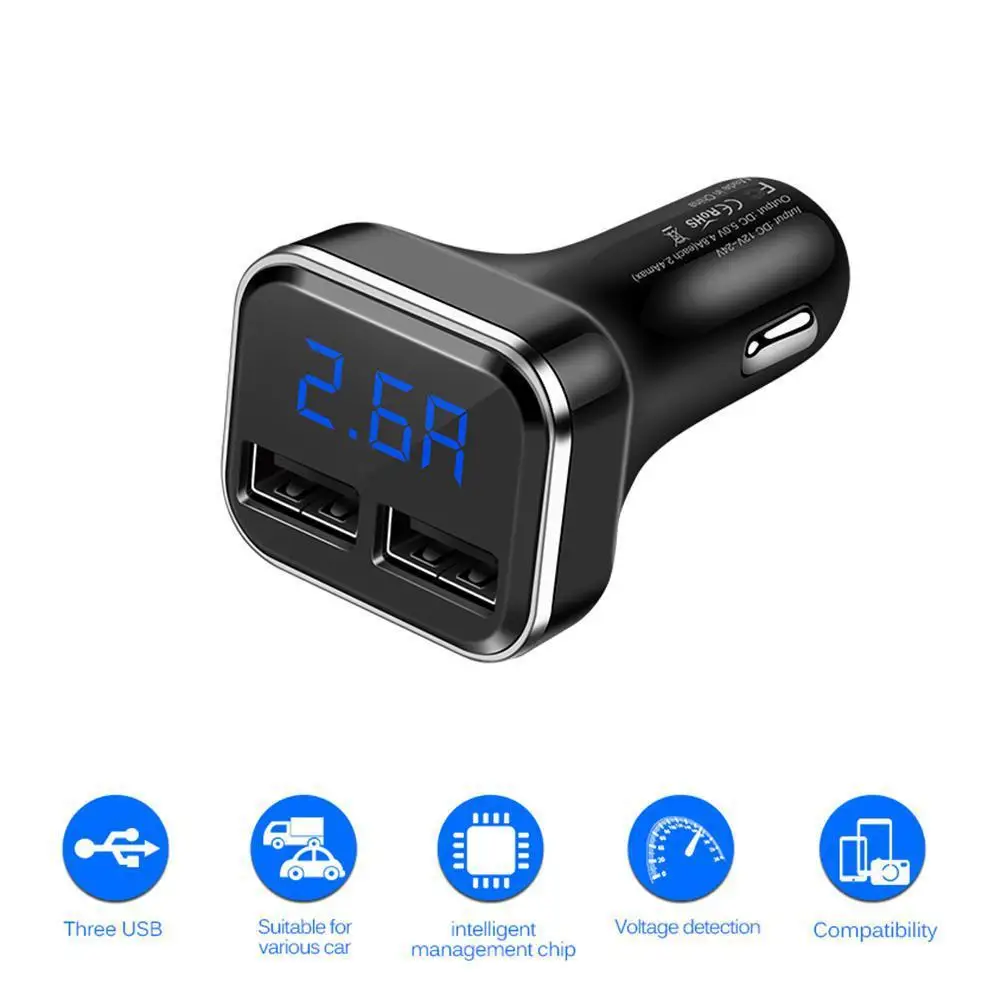 4.8A автомобильное USB зарядное устройство Quick Charge 12-24V Зажигалка на электропитании 2 порта ЖК-дисплей