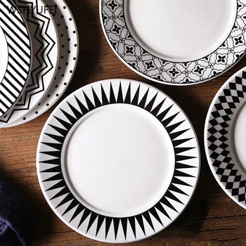 

Hot creative black and white geometric tableware ceramic plate dish porcelain dessert plate tableware cake plate tableware