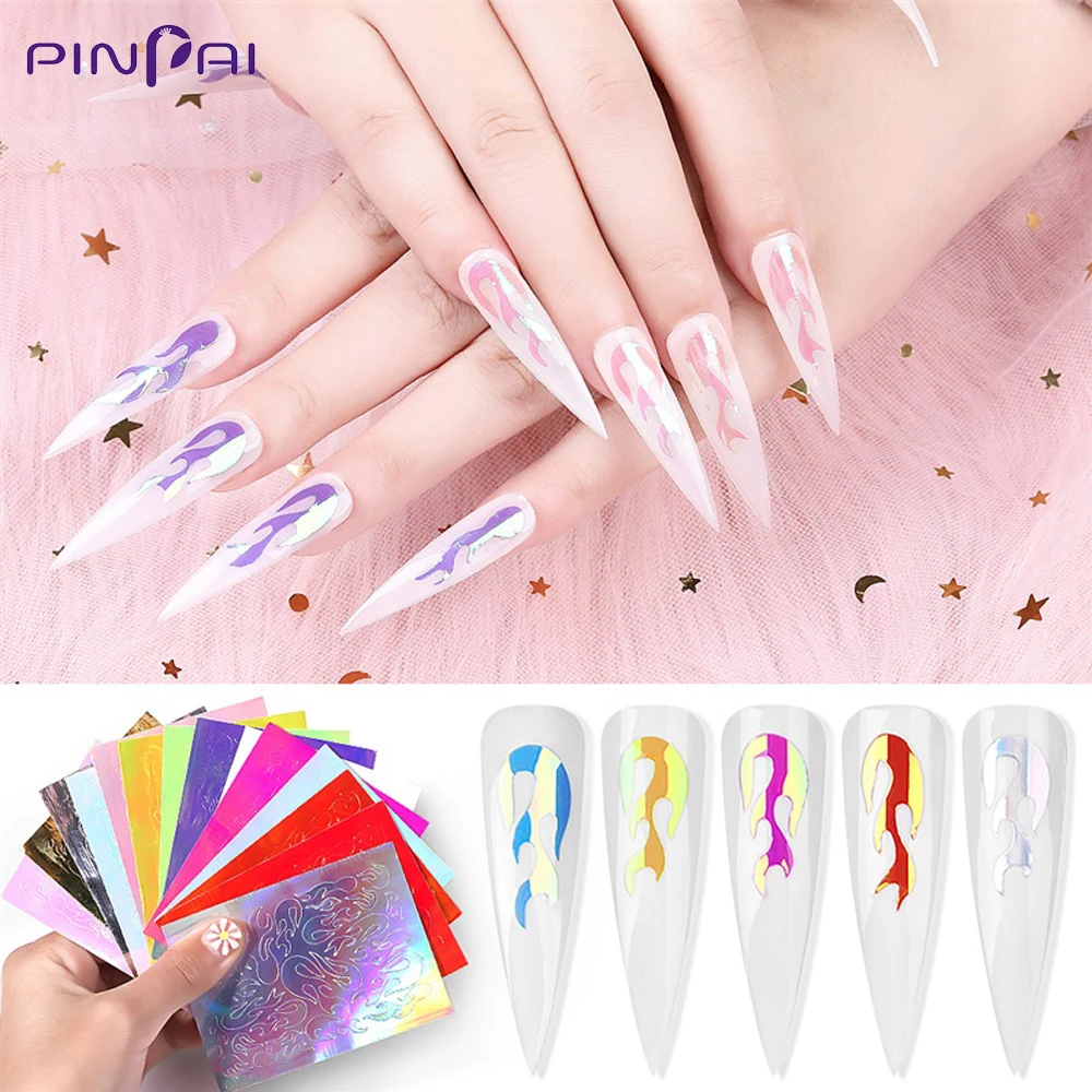 

16 Colors Holographic Laser Fire Flame Nail Stickers Self Adhesive Flame Nail Decals DIY Manicure 3D Nail Art Decoration Sticker