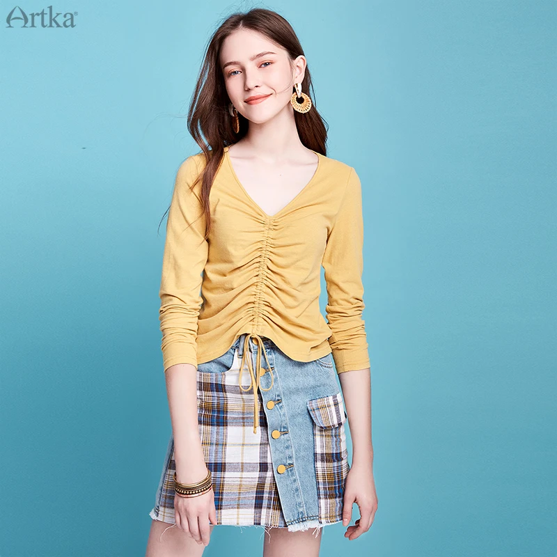 

ARTKA 2020 Spring Summer New Women T-shirt 100% Cotton 2 Colors Drawstring V-Neck T-shirt Sexy Slim Long Sleeve T-shirt TA20104C