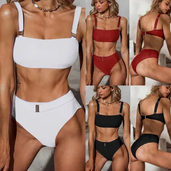 

2020 New Women's Sexy Biquini Fashion Solid Color Tankinis High Waist Belt Ribbed Bathing Suit Push Up Padded Traje de baño
