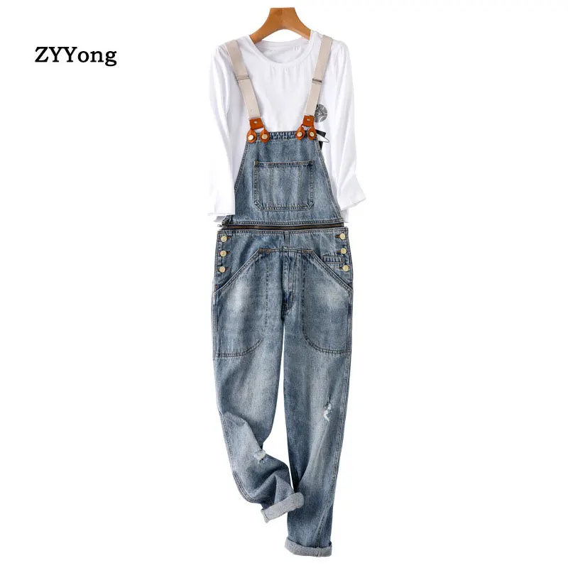 2021 Overalls Men Bib Jeans Jumpsuit Hole Streetwear Pocket Suspender Distressed Slim Denim Fit Long Pants Blue Trousers