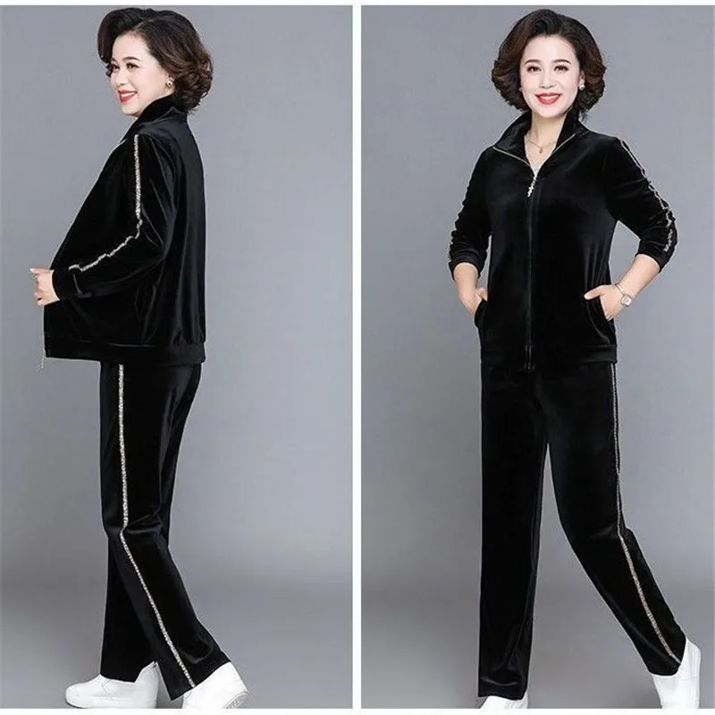 패션 엄마 벨벳 Tracksuit 여성 벨벳 운동복 2 조각 세트 봄 가을 캐주얼 지퍼 자켓과 바지 정장 4XL 블랙 네이비