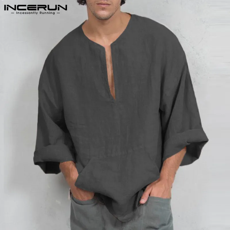 Skup INCERUN jesień męskie koszulki z długim rękawem Casual luźny krój głębokie V Neck mężczyźni Tee topy tunika Camisas odzież męska