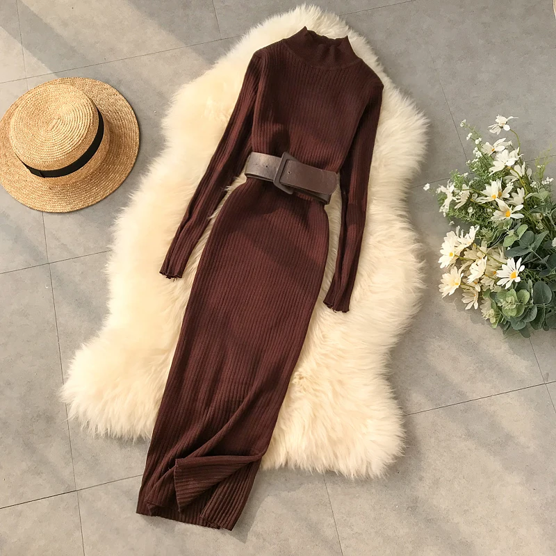 ALPHALMODA новое зимнее платье с высоким воротником и длинным рукавом с Боковым Разрезом женские пуловеры сексуальное зимнее платье с Повседневный поясной ремень подходит