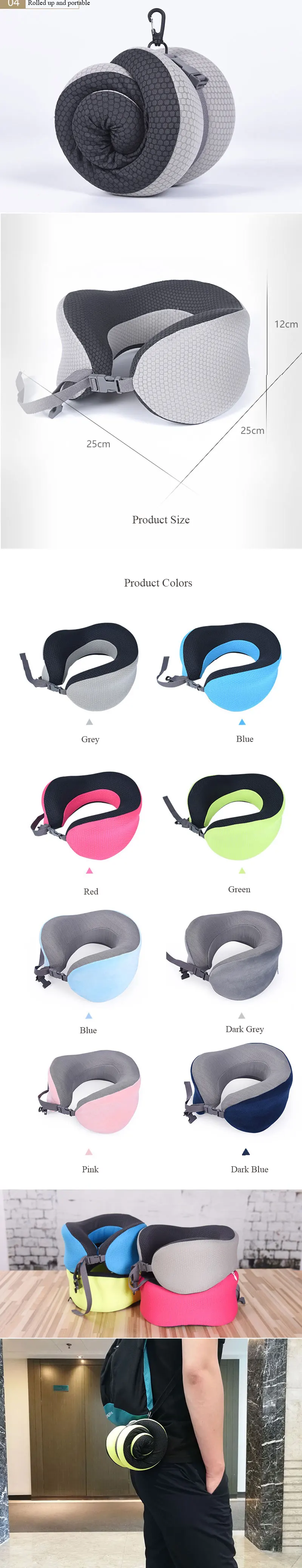 Soft Travel Neck Pillow Light Weight Memory Foam Cushion Support Neck Headrest U Pillow Rollable Pillows for Plane Car Office
