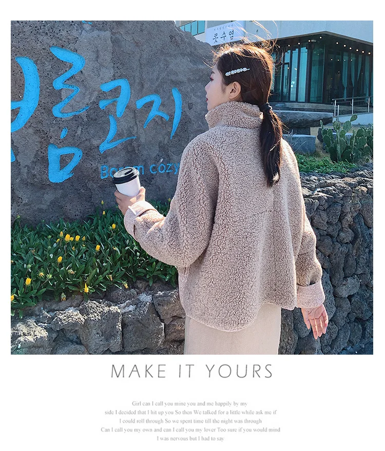 Chic Korean-style Short Loose-Fit Lambs Wool Thick Stand Collar Lace-up Best Friend-Cotton Overcoat Women's Winter Fashion