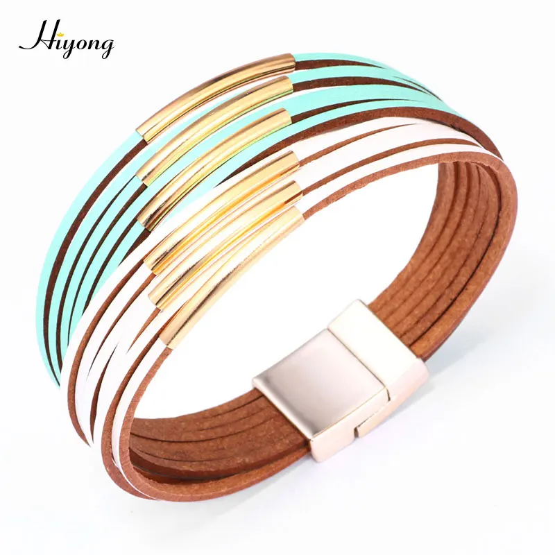 Boho 10 цветов Многослойный кожаный браслет для женщин ручная работа металлическая подвеска в виде трубочки Браслеты магнитный браслет с пряжкой ювелирные изделия - Окраска металла: 010