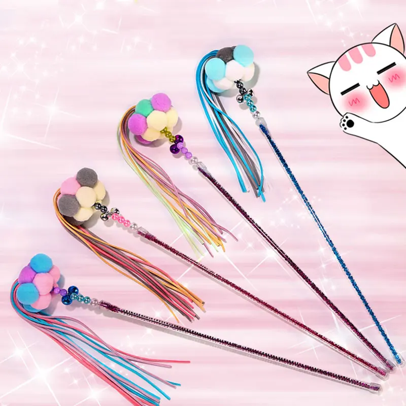 

Cotton Ball Mix Color Cat Stick with Long Tassels Kitten Interactive Toys Training Tool Cats Products for Pets Funny Supplies