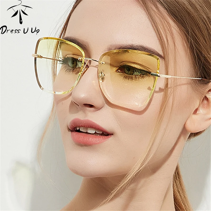 DRESSUUP Women's Rimless Large Frame Sunglasses New Retro Ocean Transparent Colored Glasses Metal UV Protection | Аксессуары для