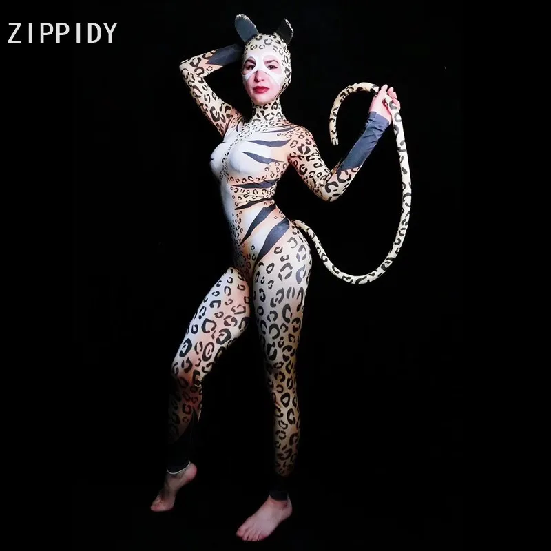 Леопардовый принт спандекс комбинезон женский певица шоу сценическое боди танцевальный наряд Выпускной Косплей модель шоу одежда