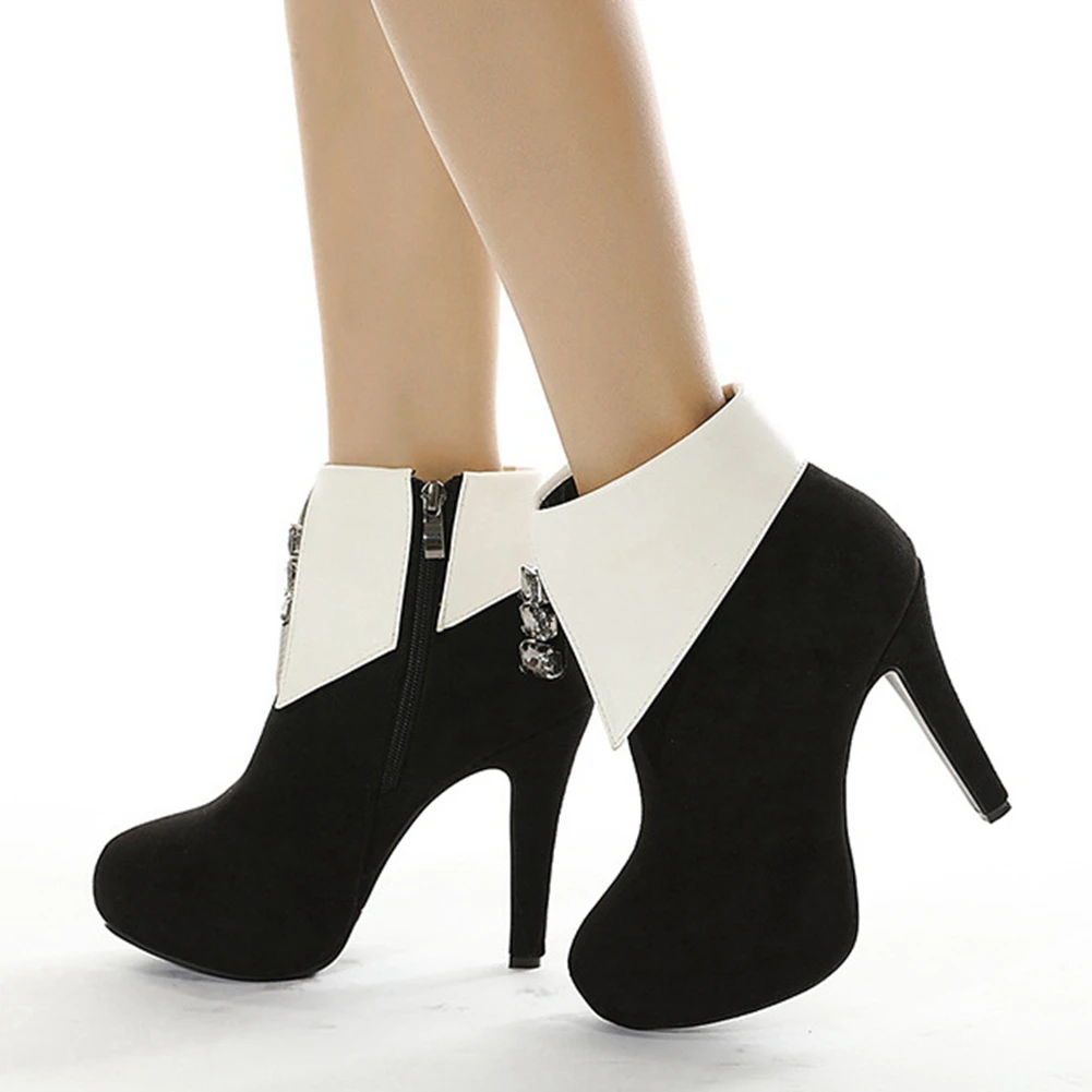 women's Fashion New Arrival Designer Shoes Spike Heels Round Toe Platform Flock Ankel Zip Boots Leisure Crystal Female Shoes