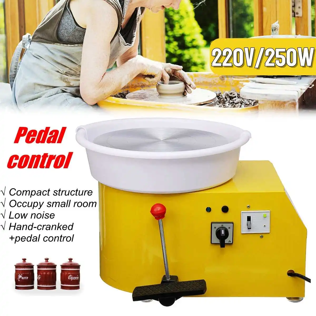 Pottery Wheel Machine 32cm 220V 250W Hand cranked and pedal control peda Ceramic Work Clay Art With Mobile Smooth Low Noise - Color: Yellow