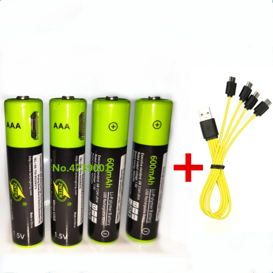 4PCS ZNTER 1.5V AAA rechargeable battery 600mAh USB rechargeable lithium polymer battery+ Micro USB cable fast charging