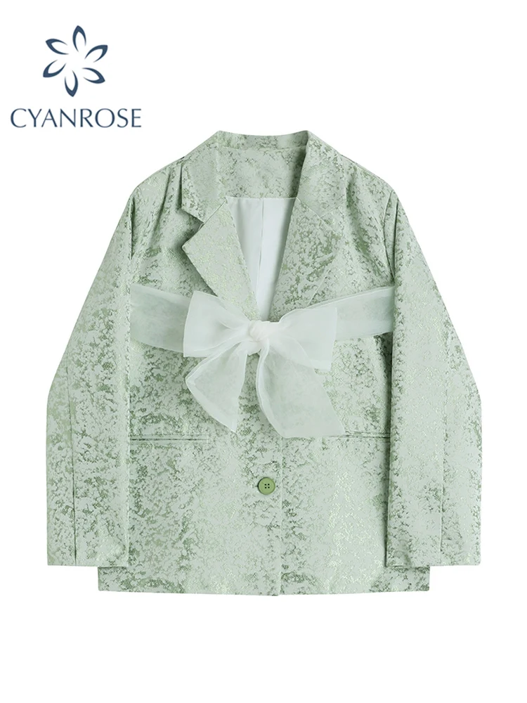 Женский шикарный жаккардовый пиджак с бантом однобортная блестящая куртка