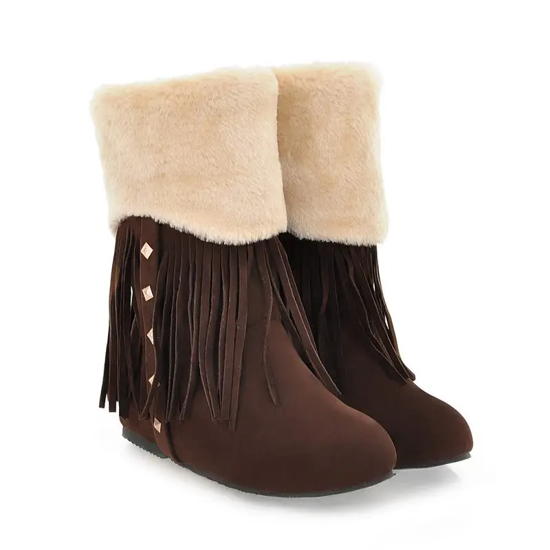 EGONERY Warm snow boots fashion winter Punk rivet cool girl ankle boots Fringed outdoor plush flock woman walking shoes