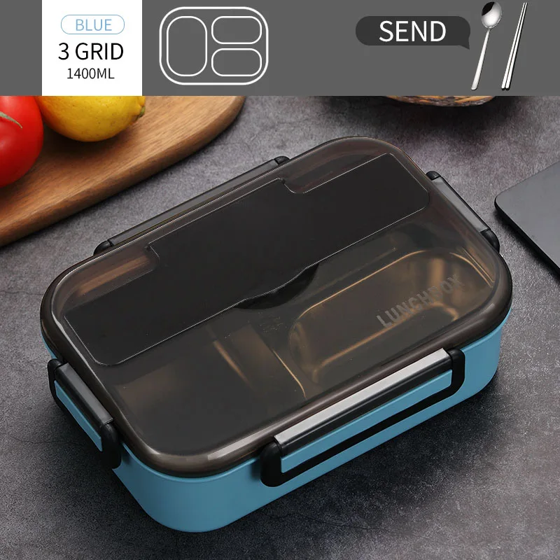 1400ml 3 Grid Blue Японский детский Ланч-бокс 304 из нержавеющей стали Bento Ланч-бокс с отсеком посуда для микроволновой печи контейнер для еды - Цвет: 1400ml 3 Grid Blue