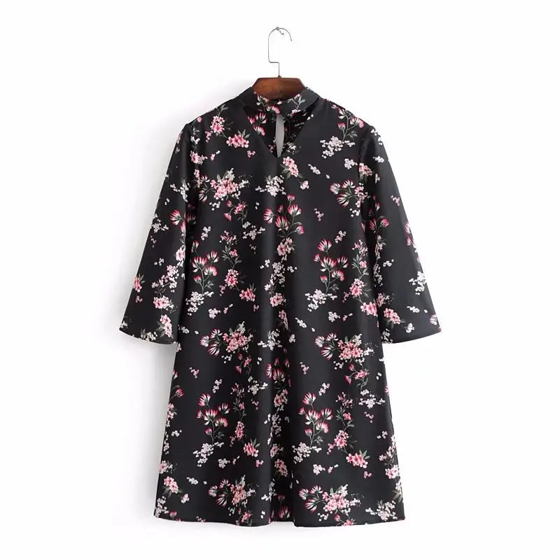 

2018 Western Style Early Spring WOMEN'S Dress New Style Wholesale Women's Posted Neck Band Decoration Flower Floral Printed Dres