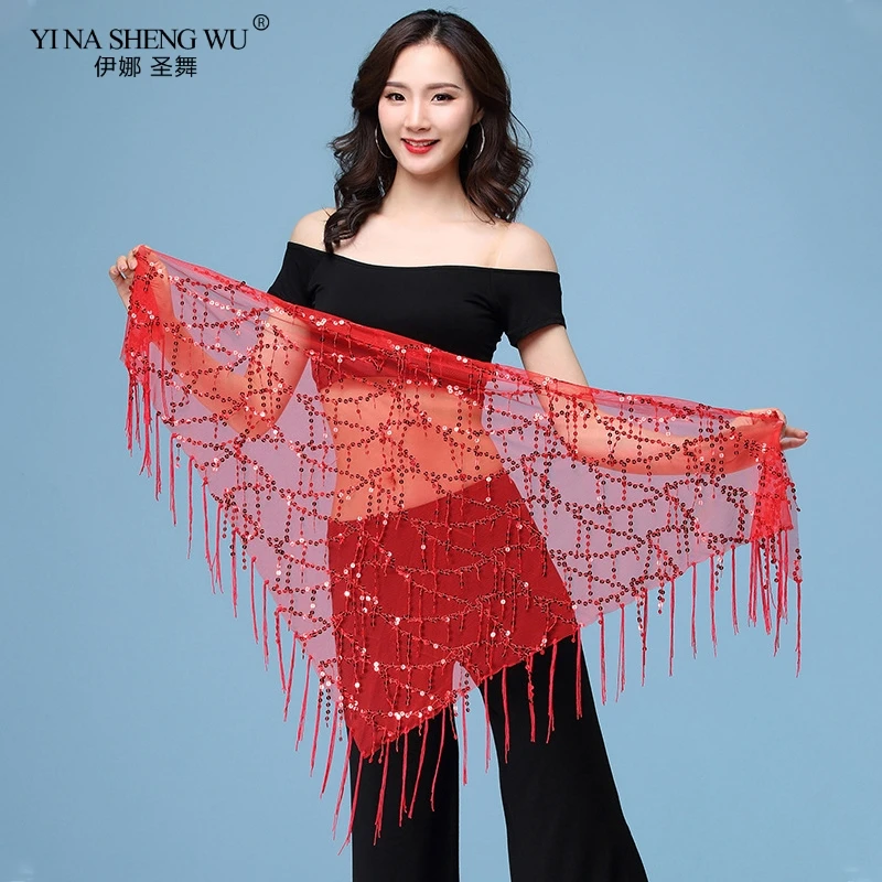 Triangle scarf-Red Танец живота хип шарф эластичный Длинный кисточкой треугольник блесток танец живота костюм хип шарф шали и аксессуары реквизит для выступлений пояс - Цвет: Triangle scarf-Red
