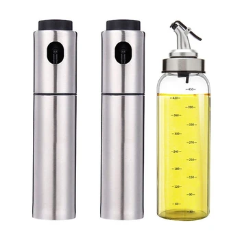 

1x Olive Oil Vinegar Dispenser with Drip-Free Spouts 500ML & 2x Stainless Steel Oil Vinegar Sprayer Bottle Mist 100Ml