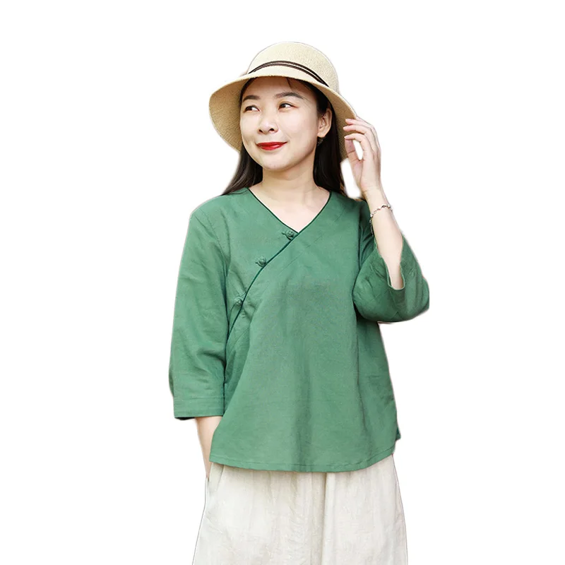 

LZJN Women’s Cotton Linen Blouse V-Neck Casual Loose Pullover Shirt 4/3 Sleeve Spring Summer Chinese Knot Button Qipao Tops