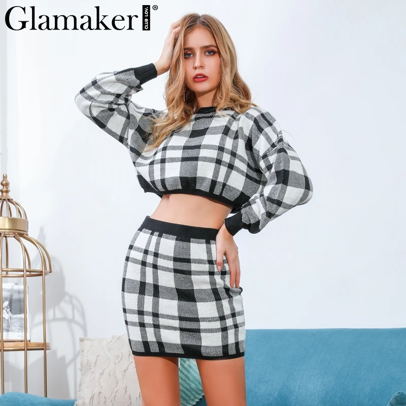 Glamaker трикотажное клетчатое сексуальное платье из 2 частей, женское осеннее элегантное мини-платье с длинным рукавом, зимнее женское укороченное платье-свитер, теплое платье