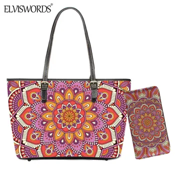 

ELVISWORDS 2PCS Women Large Handbag and Purse Bohemian Mandala Flowers Pattern Lady Luxury PU Tote Casual Street Shoulder Bag