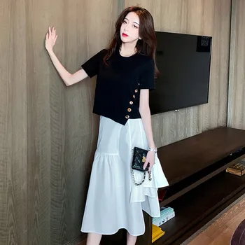 

Runway Designer Women Skirt Suits Summer Black Side Single Breasted Short tops+ White Irregular Reffles Skirt Set Vestidos
