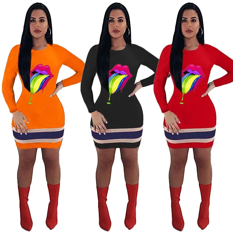 

Women Clothes Big Tongue Designer Bodycon Dress Long Sleeved Autumn Spring Sheath Dresses