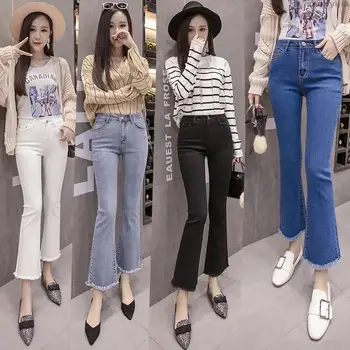 

New fashion woman jeans Korean lady Casual jeans with zipper mid waisted solid Flare jeans plus size