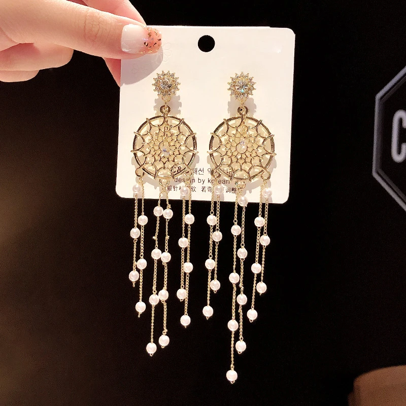 Fancy Hollow Dream Catcher Leaf Feather Shiny Crystals Drop Dangle Earrings For Women Party Jewelry Korean Hanging CZ Earrings