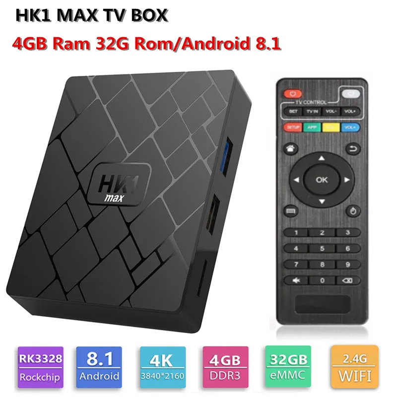 HK1 MAX Smart TV BOX Android 8.1 RK3328 Quad core 4GB Ram 32G Rom WIFI 3D USB 3.0 4K HDR H.265 Set-Top Box EU Plug
