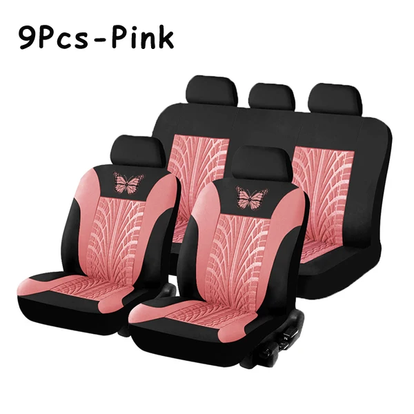 9pcs Pink Авто сиденья общего сиденья набор Универсальный ButterflyPattern вышивка автомобильный чехол для сиденья полного комплекта аксессуары для интерьера - Название цвета: 9pcs Pink