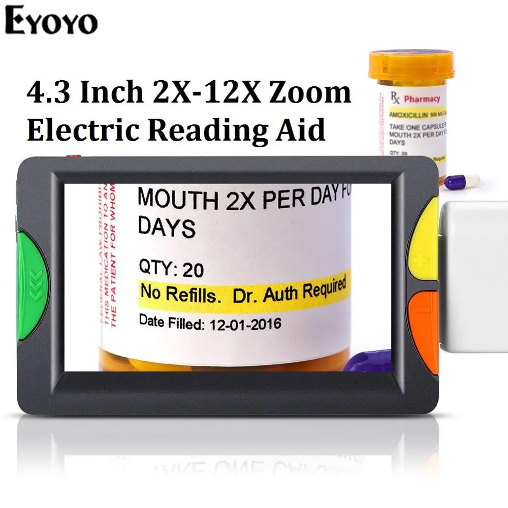 Eyoyo Handheld Portable Digital Magnifier 4.3 Inch Screen 2X-12X Zoom Electric Reading Aid 2 LED lights Foldable for Low Vision
