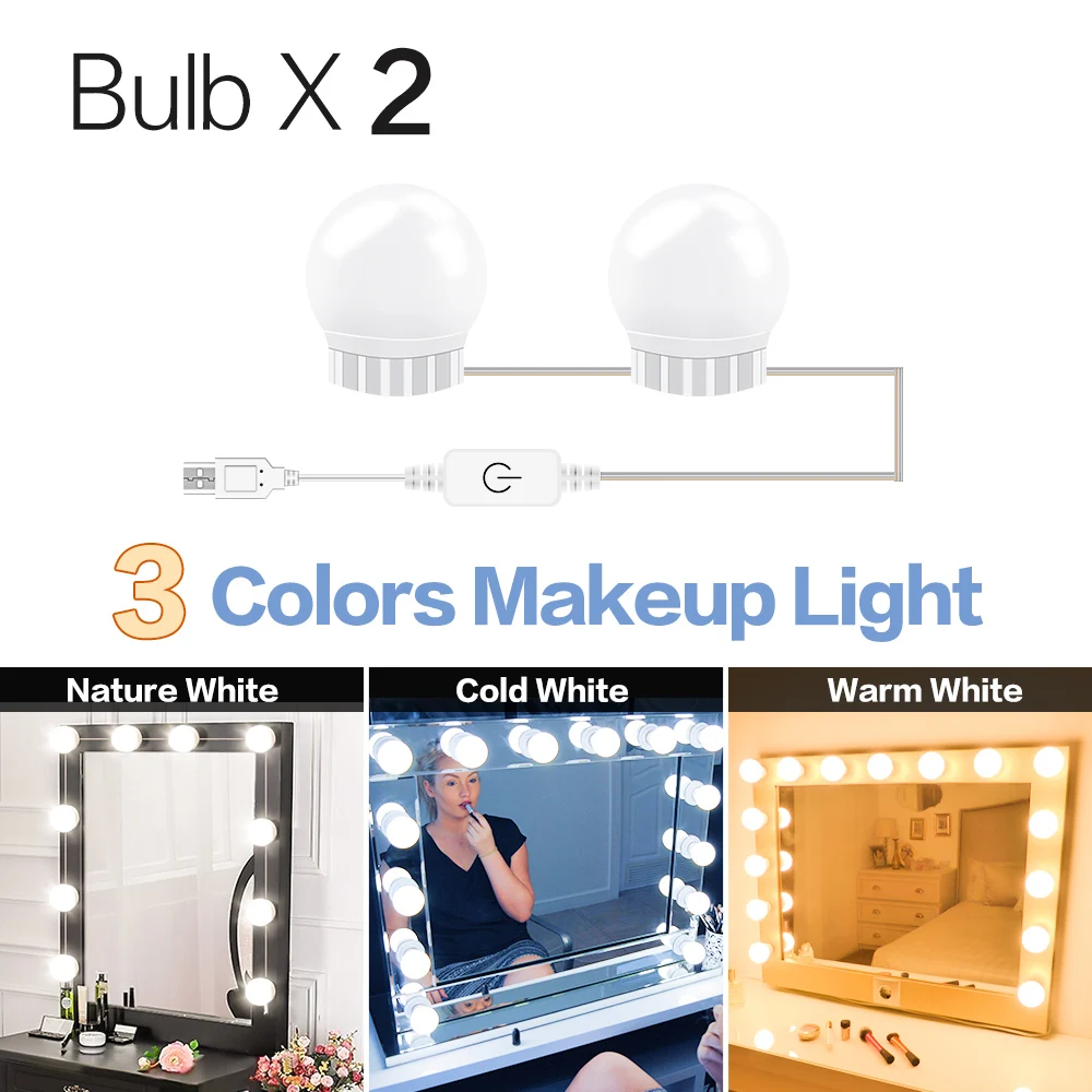 3 Colors 2 Bulbs Голливудский Led-зеркало для макияжа светильник на каждый день, 3 цвета Плавная затемнения туалетный столик, Ванная комната светодиодный настенный светильник USB макияжа с светильник Инж - Цвет абажура: 3 Colors 2 Bulbs