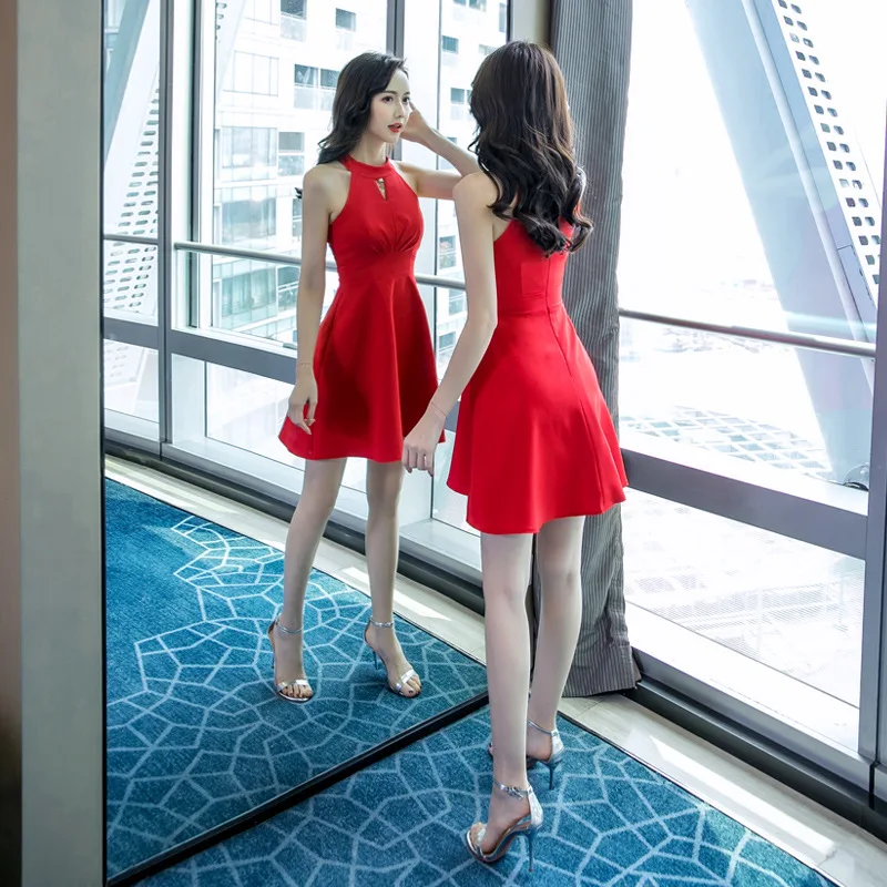

2019 Korean-style WOMEN'S Wear Summer New Style Halter Sleeveless Vest Dress Red Formal Dress Sexy Short Skirt