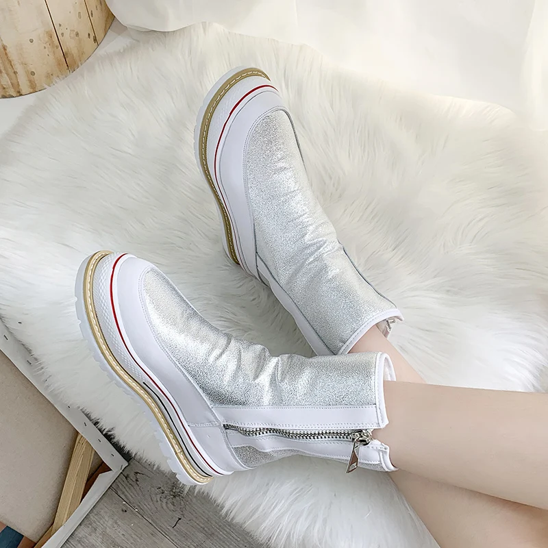Women Mid Calf Boots Platform Chunky Short Boots Ladies Winter Keep Warm Non-slip Waterproof Women Shoes Black Silver