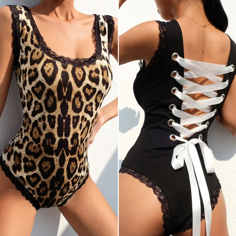 Sexy Bodysuit For Women Suspendres Back Tie Rope Lace Edge Lace Side Leopard Print Sleeveless Bodysuit 2020 Jumpsuit