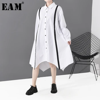 

[EAM] Women White Line Big Size Asymmetrical Shirt Dress New Lapel Long Sleeve Loose Fit Fashion Tide Spring Autumn 2020 1S809