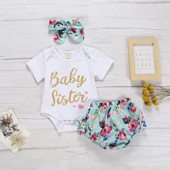 

Summer Baby Girl Casual Short Sleeve Letters Romper Tops Floral+Pants+Headband Outfits Sets