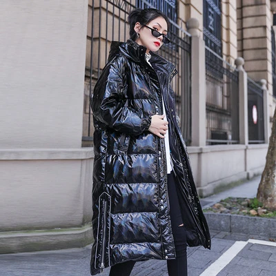 ZURICHOUSE Лазерная зимняя куртка женская длинная модная блестящая черная с капюшоном пуховая стеганая куртка Свободные теплые парки женские - Color: Black