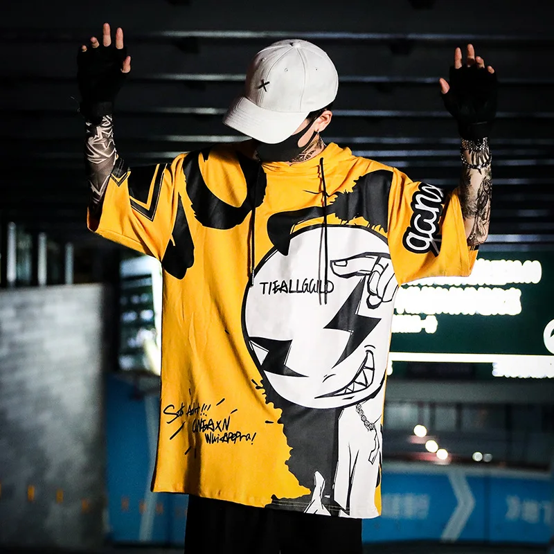 

2019 Fashion printing tide T-shirt men's hooded cartoon hip hop streetwear loose short sleeved t shirts cotton oversized t shirt