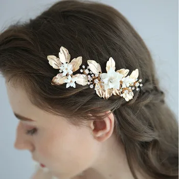 

SLBRIDAL Gold Handmade Crystal Rhinestone Ceramic Flower Leaf Wedding Hair Clip Barrettes Bridal Hair Accessories Women Jewelry